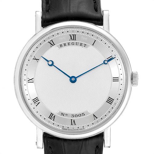 The image shows a front view of the Breguet Classique 5157 Men's White Gold Silver Dial 5157 Men's White Gold Silver Dial watch, highlighting its dial, hands, and part of the strap.