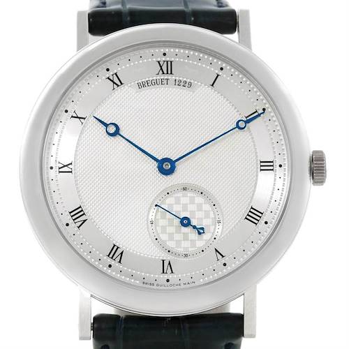 This Breguet Classique 5140 Men's White Gold Silver Dial 5140 Men's White Gold Silver Dial watch is shown from the front, displaying the dial, Roman numerals, minute and second hands, and small seconds sub-dial.