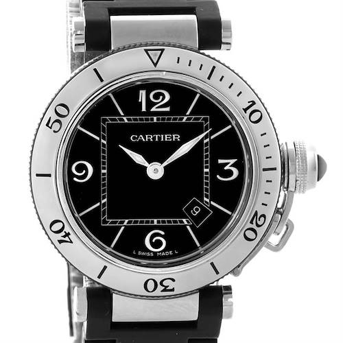 The image shows a front view of the Cartier Pasha W3140003 Women's Stainless Steel Black Dial W3140003 Women's Stainless Steel Black Dial watch, showcasing its black dial, numerals, bezel, and part of the strap.