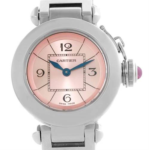The image shows a front view of a Cartier Pasha W3140008 Women's Stainless Steel Pink Dial W3140008 Women's Stainless Steel Pink Dial watch, highlighting its pink dial, numerals, and distinctive crown cap.