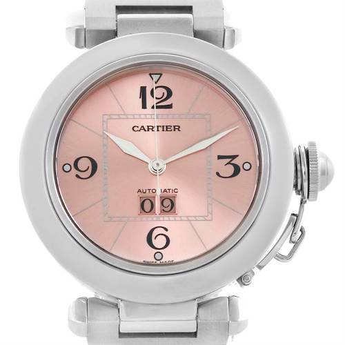 The image shows a frontal view of the Cartier Pasha W31058M7 Women's Stainless Steel Pink Dial W31058M7 Women's Stainless Steel Pink Dial watch, highlighting the face, numerals, and crown.