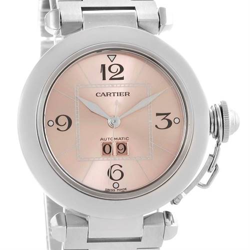 This image shows a frontal view of a Cartier Pasha W31058M7 Women's Stainless Steel Pink Dial W31058M7 Women's Stainless Steel Pink Dial watch, highlighting its dial, numerals, and bracelet.