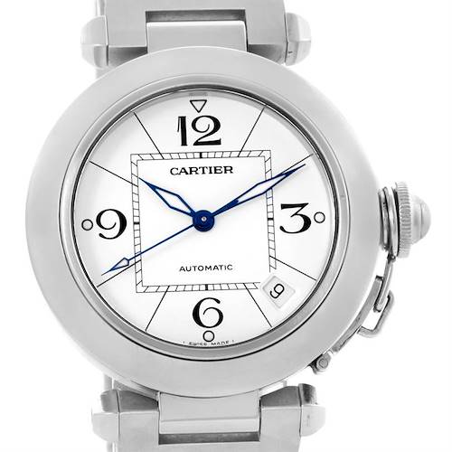This image shows a front view of the Cartier Pasha W31074M7 Women's Stainless Steel White Dial W31074M7 Women's Stainless Steel White Dial watch, highlighting its face, bezel, and bracelet.