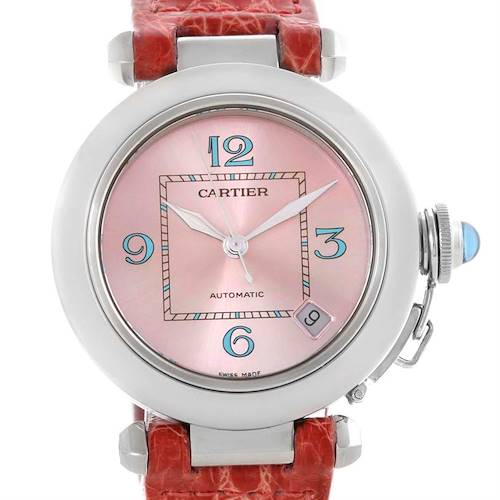 The image shows a frontal view of the Cartier Pasha W3108199 Women's Stainless Steel Pink Dial W3108199 Women's Stainless Steel Pink Dial watch, highlighting its dial, hands, numerals, bezel, and part of the strap.