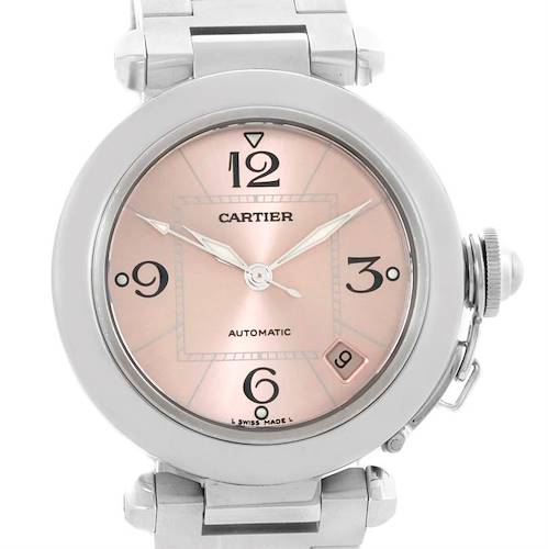 This image shows a Cartier Pasha W31075M7 Women's Stainless Steel Pink Dial W31075M7 Women's Stainless Steel Pink Dial watch from a front angle, displaying its dial, hands, bracelet, and crown.