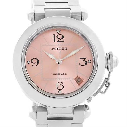 This image shows a front view of a Cartier Pasha W31075M7 Women's Stainless Steel Pink Dial W31075M7 Women's Stainless Steel Pink Dial watch, highlighting its dial, crown, and part of the bracelet.