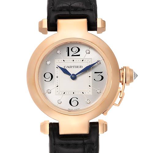 The image shows a frontal view of the Cartier Pasha WJ11913G Women's Rose Gold Silver Dial WJ11913G Women's Rose Gold Silver Dial watch, highlighting its face, bezel, crown, and leather strap.