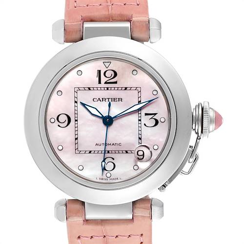The Cartier Pasha 2324 Women's Stainless Steel Mother of Pearl Dial 2324 Women's Stainless Steel Mother of Pearl Dial watch is shown from the front, highlighting the dial, case, crown, and pink leather strap.