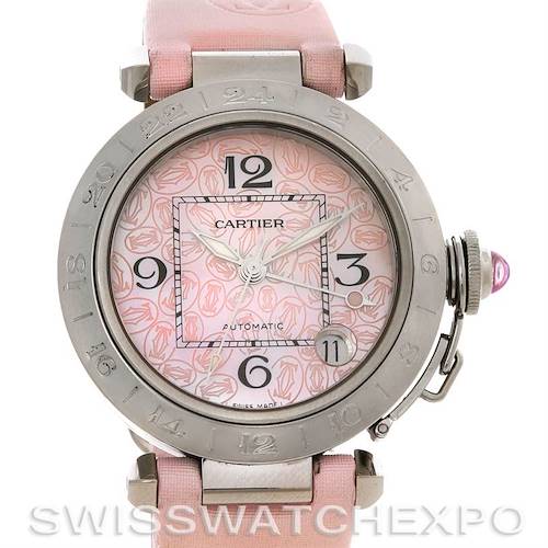 This image shows the Cartier Pasha W3109599 Women's Stainless Steel Mother of Pearl Dial W3109599 Women's Stainless Steel Mother of Pearl Dial watch from a front angle, featuring a pink strap and a floral-patterned dial.