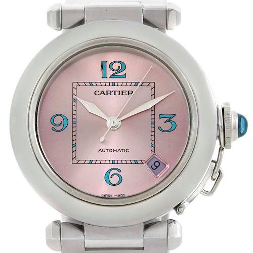 This image shows a front view of the Cartier Pasha W3108199 Women's Stainless Steel Pink Dial W3108199 Women's Stainless Steel Pink Dial model watch, displaying the dial, hands, bezel, and part of the bracelet.