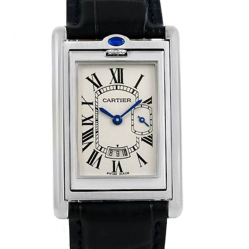 This image shows the Tank Basculante model by Cartier from the front, displaying the watch face and leather strap.