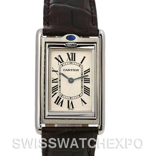The image shows a Cartier Tank Basculante W1011358 Stainless Steel Silver Dial W1011358 Stainless Steel Silver Dial watch from a front angle, highlighting its face, Roman numeral dial, and leather strap.