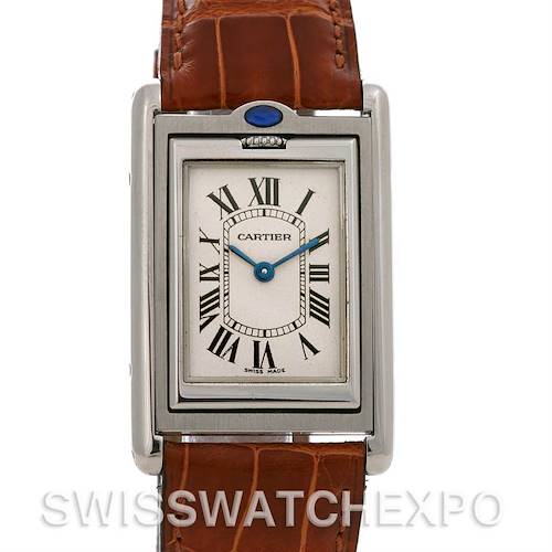 The Cartier Tank Basculante Stainless Steel Silver Dial Stainless Steel Silver Dial watch is shown from the front, displaying its dial, Roman numerals, and brown leather strap.