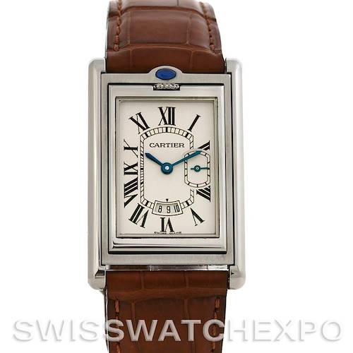 The image shows a front view of the Cartier Tank Basculante Stainless Steel Silver Dial Stainless Steel Silver Dial watch, displaying its face, strap, and case.