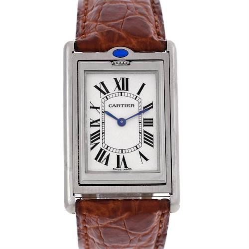 The image shows a front view of the Cartier Tank Basculante Men's Stainless Steel Silver Dial Men's Stainless Steel Silver Dial watch with a brown leather strap.