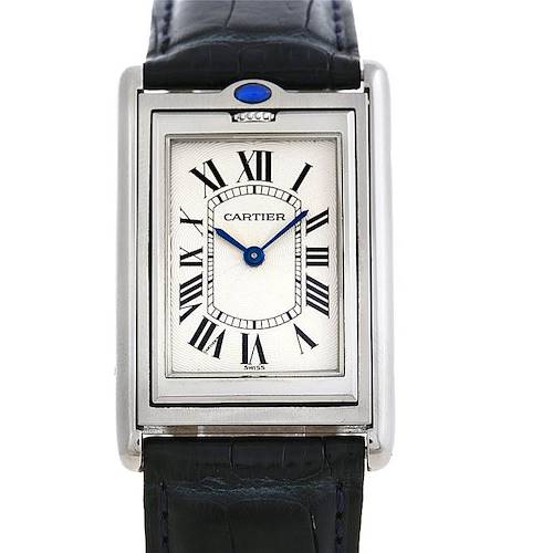 The image shows a front view of the Cartier Tank Basculante Men's Stainless Steel Silver Dial Men's Stainless Steel Silver Dial watch, highlighting its face, dial, and part of the strap.