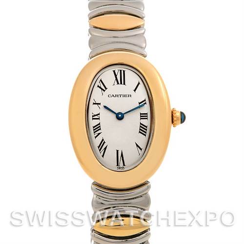 The image shows a front view of a Cartier Baignoire W15045D8 Women's Yellow Gold Silver Dial W15045D8 Women's Yellow Gold Silver Dial watch, displaying the dial, bracelet, and crown with a blue gemstone.