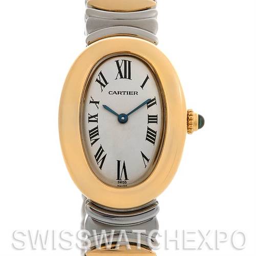 The image shows the face, bezel, and partial bracelet of the Cartier Baignoire W15045D8 Women's Yellow Gold Silver Dial W15045D8 Women's Yellow Gold Silver Dial watch at a front angle.