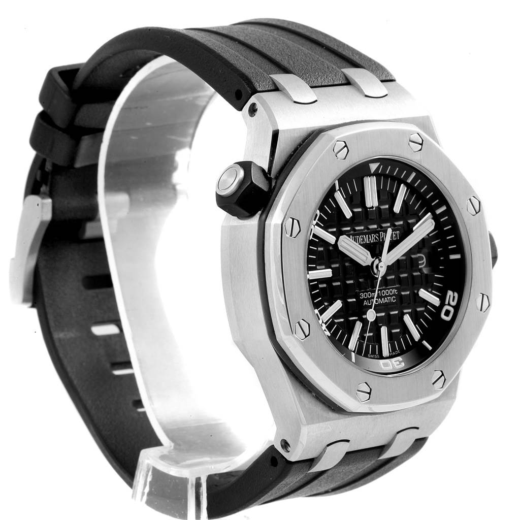 The image shows a side and partial front view of a Royal Oak Offshore watch by Audemars Piguet, highlighting the bezel, dial, and strap.