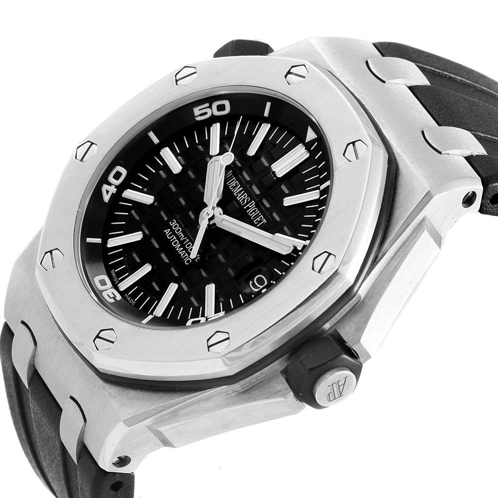 This image shows a close-up angle of the Audemars Piguet Royal Oak Offshore 15703ST.OO.A002CA.01 Men's Stainless Steel Black Dial 15703ST.OO.A002CA.01 Men's Stainless Steel Black Dial watch, including the bezel, dial, and part of the strap.