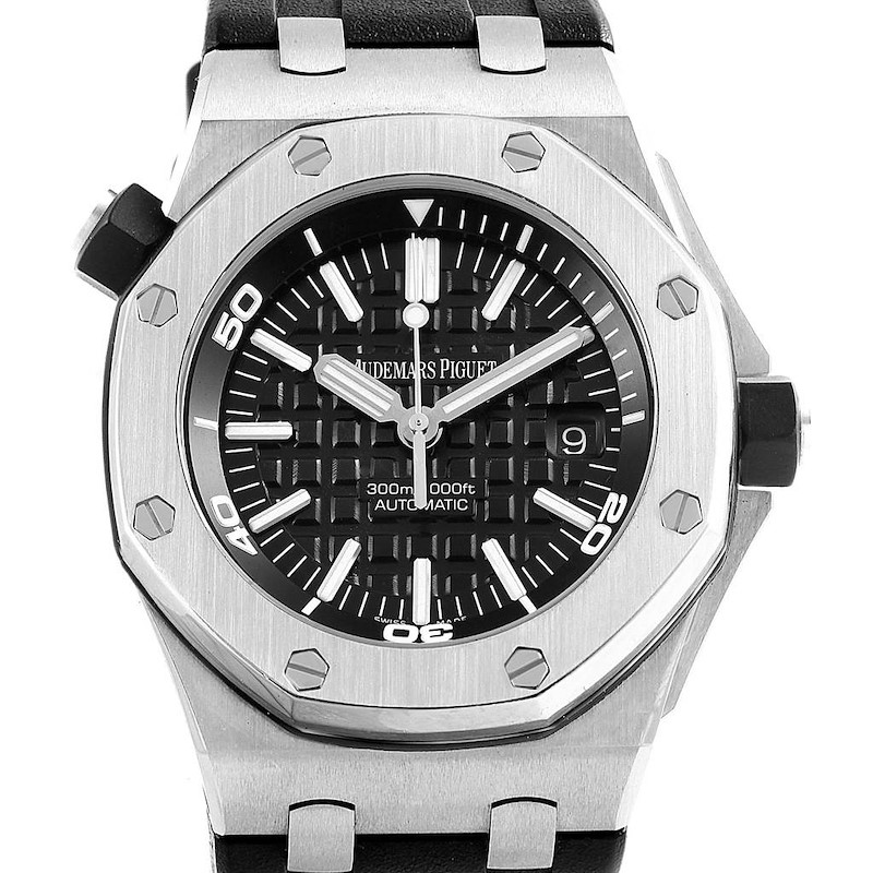 The Royal Oak Offshore model by Audemars Piguet is shown from a front angle, displaying the face, bezel, and part of the strap.