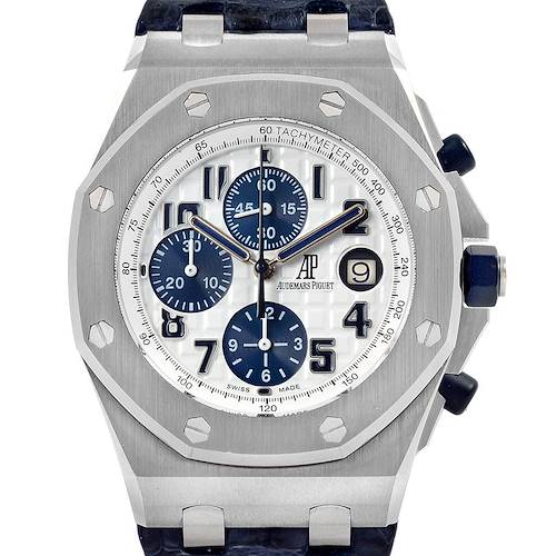 This image shows the dial, bezel, and crown of a Royal Oak Offshore model by Audemars Piguet, viewed from the front.