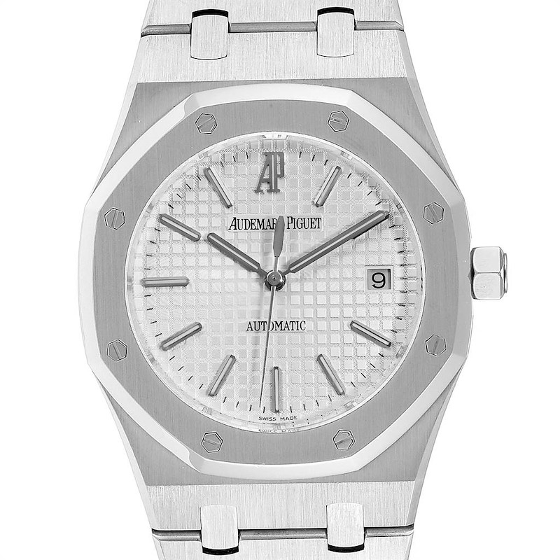 This image shows a frontal view of the Audemars Piguet Royal Oak 15300ST.OO.1220ST.01 Men's Stainless Steel Silver Dial 15300ST.OO.1220ST.01 Men's Stainless Steel Silver Dial watch, displaying the face, bezel, and part of the bracelet.