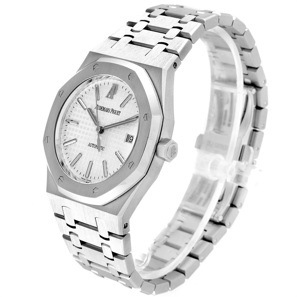 The image shows a side angle of an Audemars Piguet Royal Oak 15300ST.OO.1220ST.01 Men's Stainless Steel Silver Dial 15300ST.OO.1220ST.01 Men's Stainless Steel Silver Dial watch, highlighting the octagonal bezel, dial, and integrated bracelet.