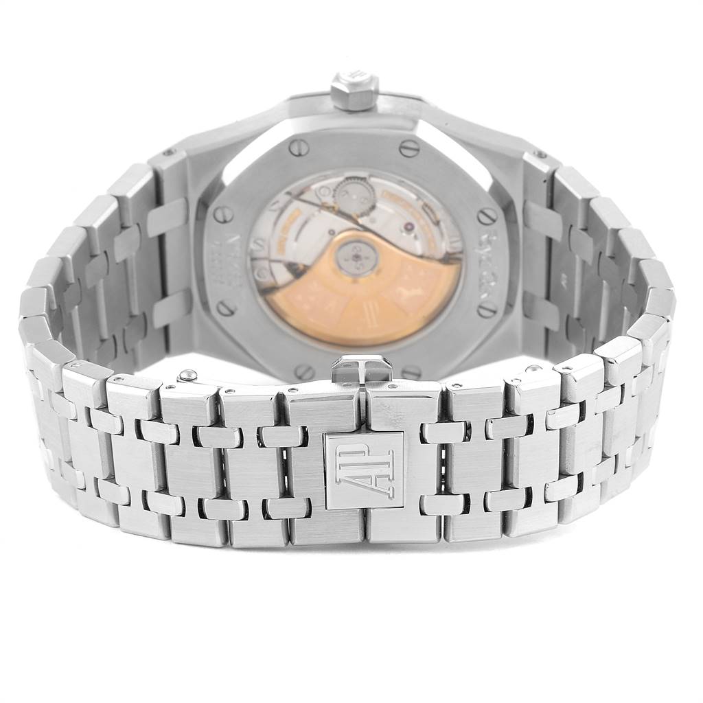 The image shows the back view of an Audemars Piguet Royal Oak 15300ST.OO.1220ST.01 Men's Stainless Steel Silver Dial 15300ST.OO.1220ST.01 Men's Stainless Steel Silver Dial watch, displaying its bracelet and caseback.