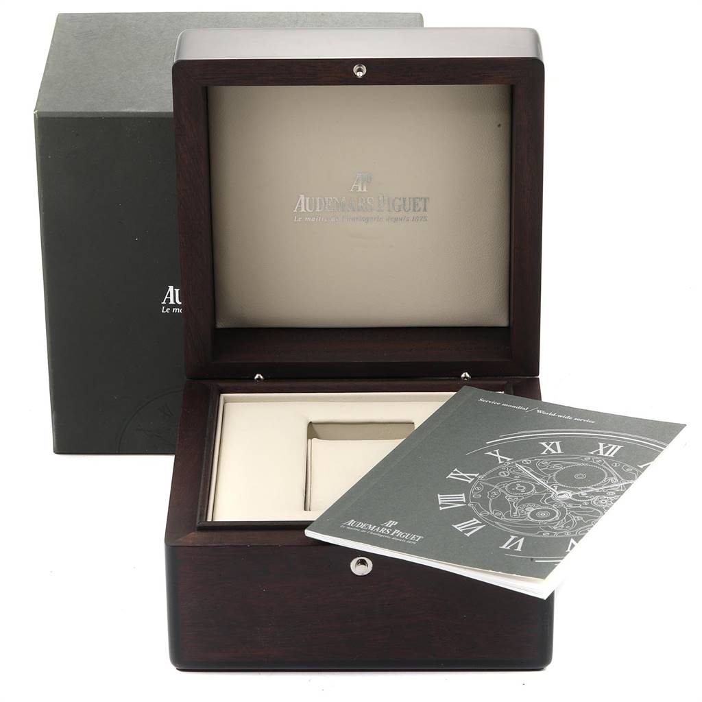 The image shows the open box and booklet for the Audemars Piguet Royal Oak 15300ST.OO.1220ST.01 Men's Stainless Steel Silver Dial 15300ST.OO.1220ST.01 Men's Stainless Steel Silver Dial watch model.