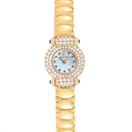 The image shows a frontal view of an Audemars Piguet Vintage Women's Yellow Gold Mother of Pearl Dial Women's Yellow Gold Mother of Pearl Dial watch, highlighting its gold bracelet and diamond bezel.