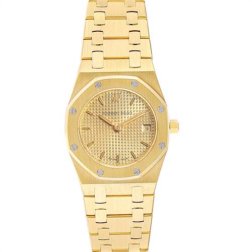 The image shows a frontal view of the Audemars Piguet Royal Oak 67075BA.OO.1100BA.06 Women's Yellow Gold Champagne Dial 67075BA.OO.1100BA.06 Women's Yellow Gold Champagne Dial watch, displaying its dial, bezel, and bracelet.