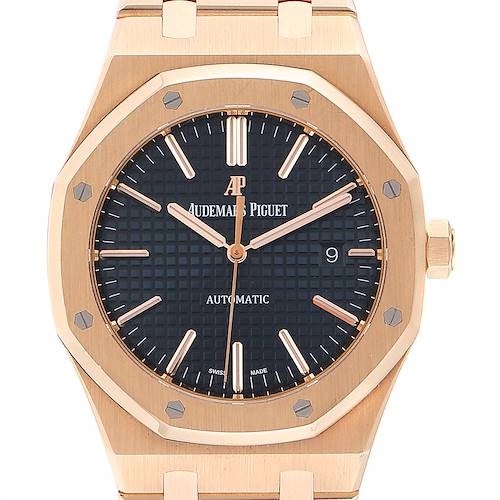 The image shows a front view of an Audemars Piguet Royal Oak 15400OR.OO.1220OR.03 Men's Rose Gold Blue Dial 15400OR.OO.1220OR.03 Men's Rose Gold Blue Dial watch, highlighting its dial, bezel, and part of the bracelet.