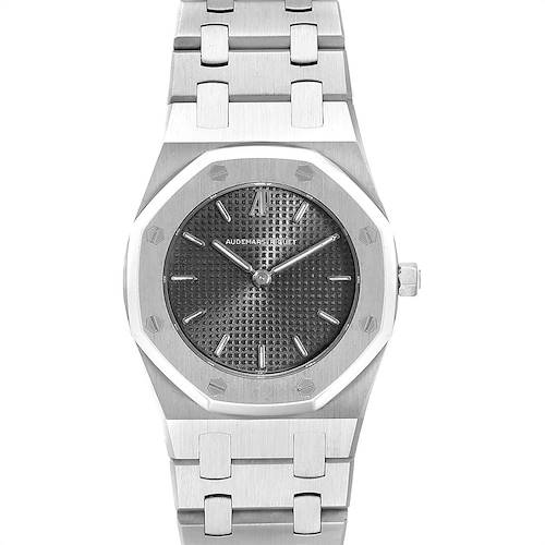 This image shows a frontal view of an Audemars Piguet Royal Oak 66007ST.OO.0516ST.01 Women's Stainless Steel Black Dial 66007ST.OO.0516ST.01 Women's Stainless Steel Black Dial watch, highlighting the dial, bezel, and bracelet.