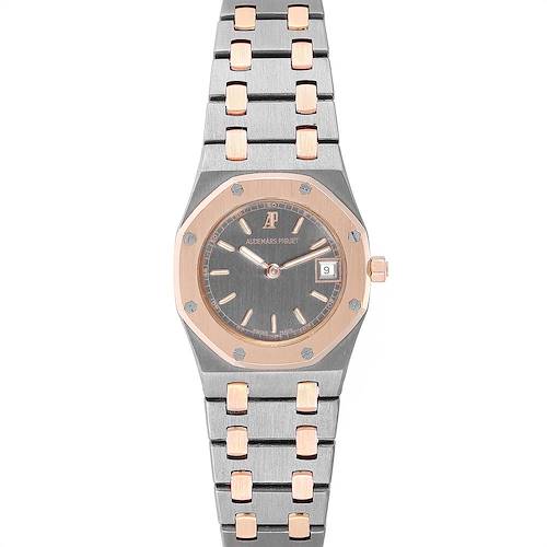 The image shows the front view of a Royal Oak by Audemars Piguet, highlighting its dial, bezel, and strap.