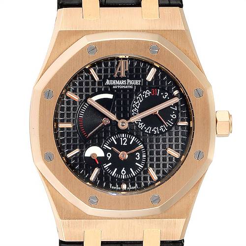 This image shows a close-up front view of an Audemars Piguet Royal Oak 26120OR.00.D002CR.01 Men's Rose Gold Black Dial 26120OR.00.D002CR.01 Men's Rose Gold Black Dial watch, featuring its face, dial, and bezel.