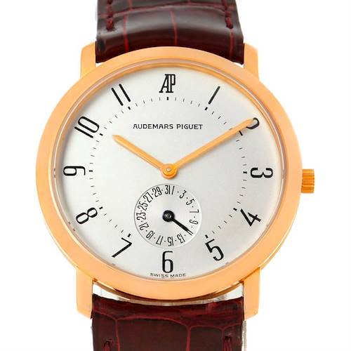 This is a front view of the Audemars Piguet Vintage Men's Rose Gold Silver Dial Men's Rose Gold Silver Dial model watch, showing the face, hands, and leather strap.