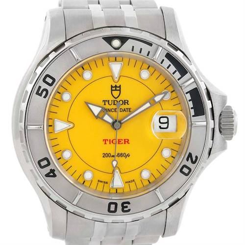 The image shows a front view of a Tudor Hydronaut 89190 Men's Stainless Steel Yellow Dial 89190 Men's Stainless Steel Yellow Dial watch, displaying the dial, bezel, bracelet, and date window.