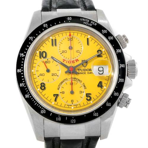 The image shows a frontal view of the Tudor Prince model watch with a yellow dial and black leather strap.