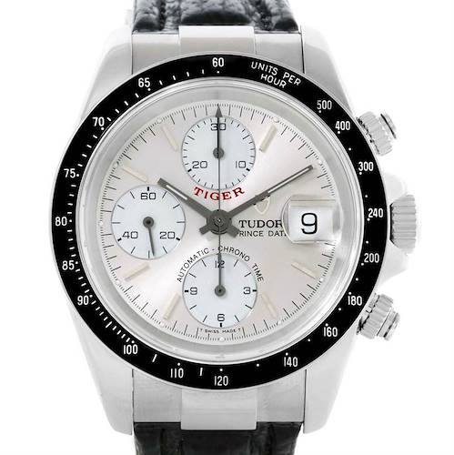 The image shows a frontal view of the Tudor Prince model watch, highlighting its dial, bezel, and chronograph subdials.