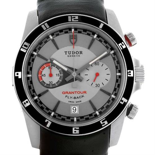 This is a Tudor Grantour 20550N Men's Stainless Steel Grey Dial 20550N Men's Stainless Steel Grey Dial Fly-Back watch shown from the front, displaying the face, bezel, crown, and part of the strap.