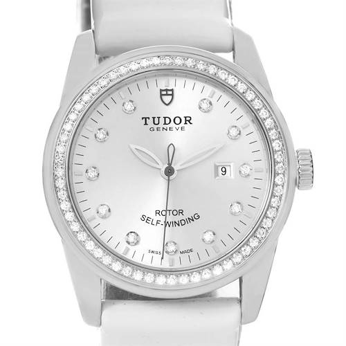 The image shows a frontal view of the Tudor Glamour 53020 Women's Stainless Steel White Dial 53020 Women's Stainless Steel White Dial model watch, featuring the dial, hour markers, bezel, and crown.