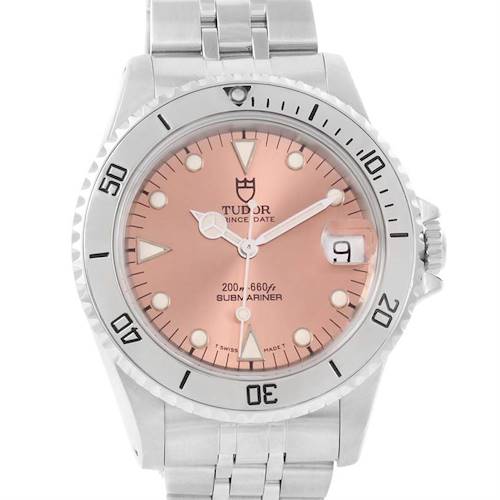 The image shows a front view of a Tudor Submariner 75190 Men's Stainless Steel Pink Dial 75190 Men's Stainless Steel Pink Dial watch, highlighting its dial, bezel, hands, and bracelet.