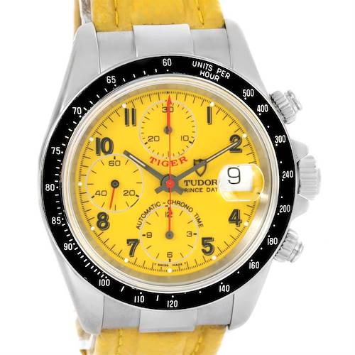 This image shows a frontal view of the Tudor Prince model watch, highlighting the yellow dial and chronograph subdials.