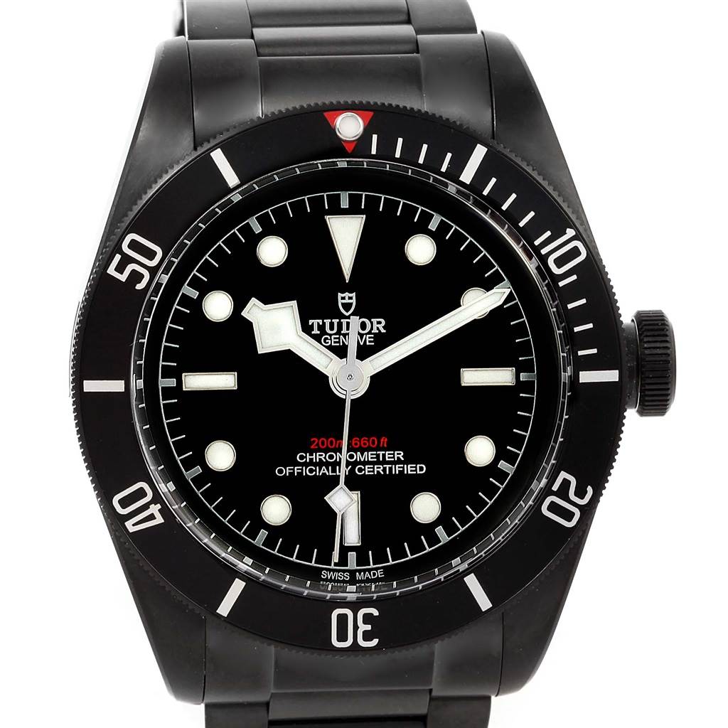 The image shows the front view of a Tudor Heritage Black Bay 79230DK Men's Stainless Steel Black Dial 79230DK Men's Stainless Steel Black Dial watch, highlighting its bezel, dial, and bracelet.