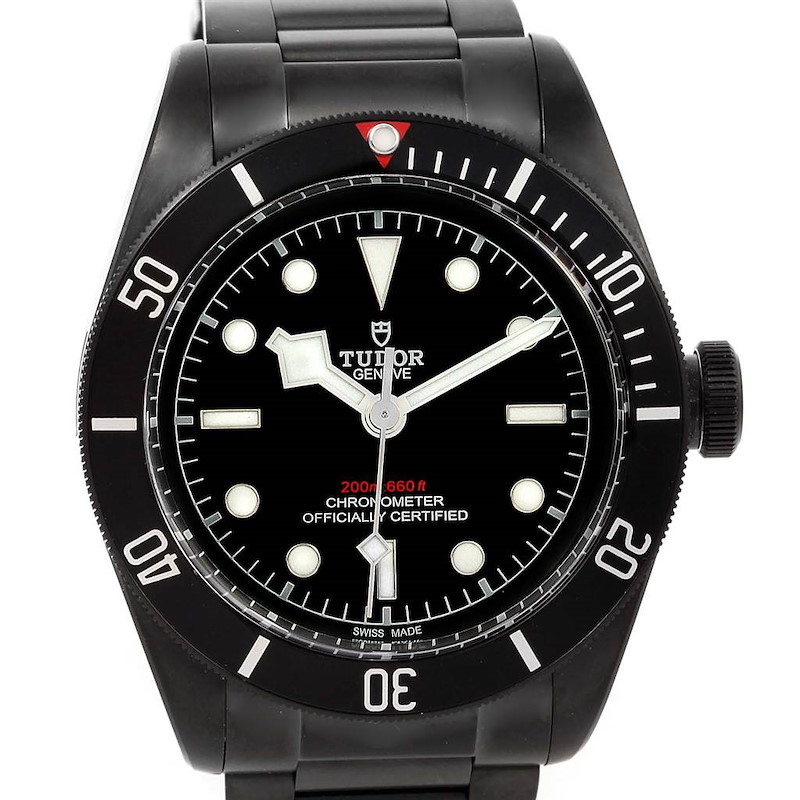 The image shows the front view of a Tudor Heritage Black Bay 79230DK Men's Stainless Steel Black Dial 79230DK Men's Stainless Steel Black Dial watch, highlighting its bezel, dial, and bracelet.