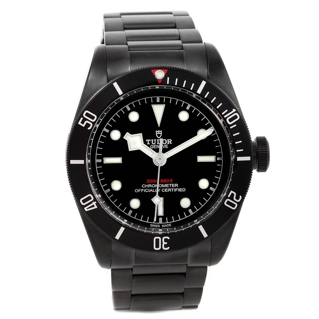 The image shows the Tudor Heritage Black Bay 79230DK Men's Stainless Steel Black Dial 79230DK Men's Stainless Steel Black Dial watch from a front angle, highlighting the dial, bezel, and bracelet.