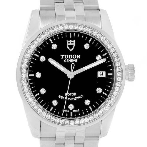 The image shows a front view of the Tudor Glamour 55020 Stainless Steel Black Dial 55020 Stainless Steel Black Dial watch, featuring a black dial, date display, and diamond-encrusted bezel.