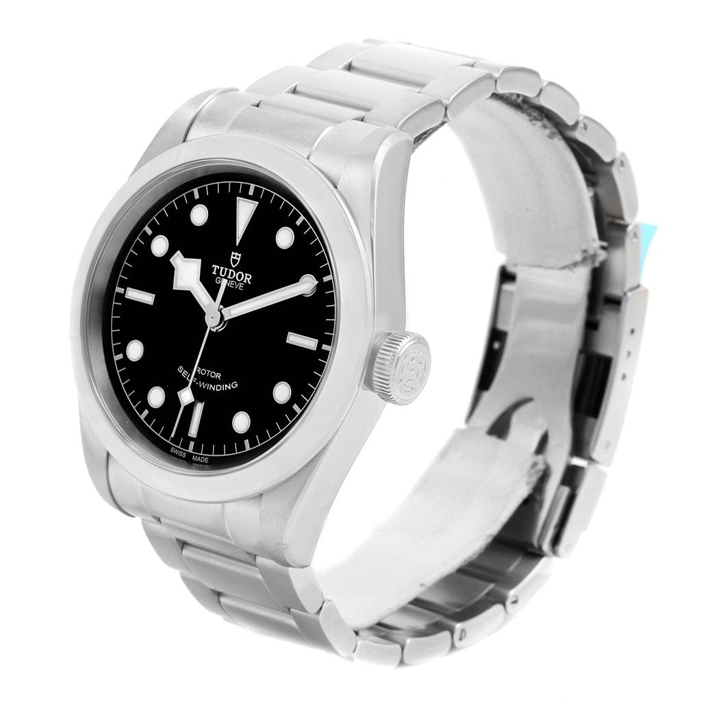 The image shows a Tudor Heritage Black Bay 79540 Men's Stainless Steel Black Dial 79540 Men's Stainless Steel Black Dial watch at an angled side view, highlighting the dial, case, and bracelet.