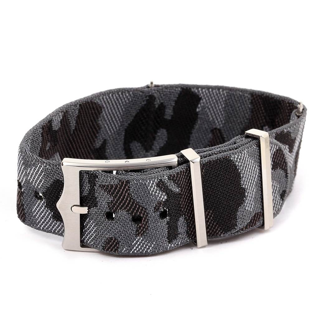 This image shows a close-up of a camo nylon strap for the Tudor Heritage Black Bay 79540 Men's Stainless Steel Black Dial 79540 Men's Stainless Steel Black Dial watch, highlighting the buckle and keepers.